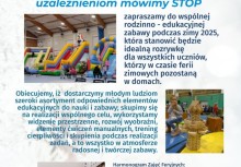 Szczegółowy plakat dotyczący ferii zimowych pn. 'Ferie Dźwiękiem Zimy Malowane – Uzależnieniom Mówimy Stop!' - powiększ